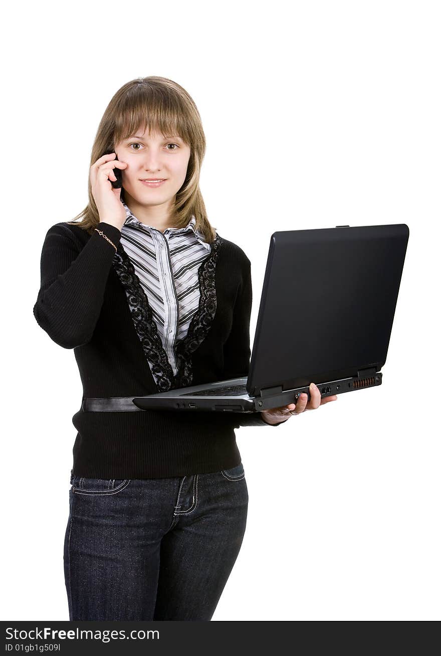 Smiling woman with a laptop. Isolated on white