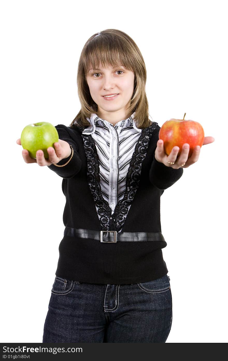 Young girl holding out apples. Isolated on white.