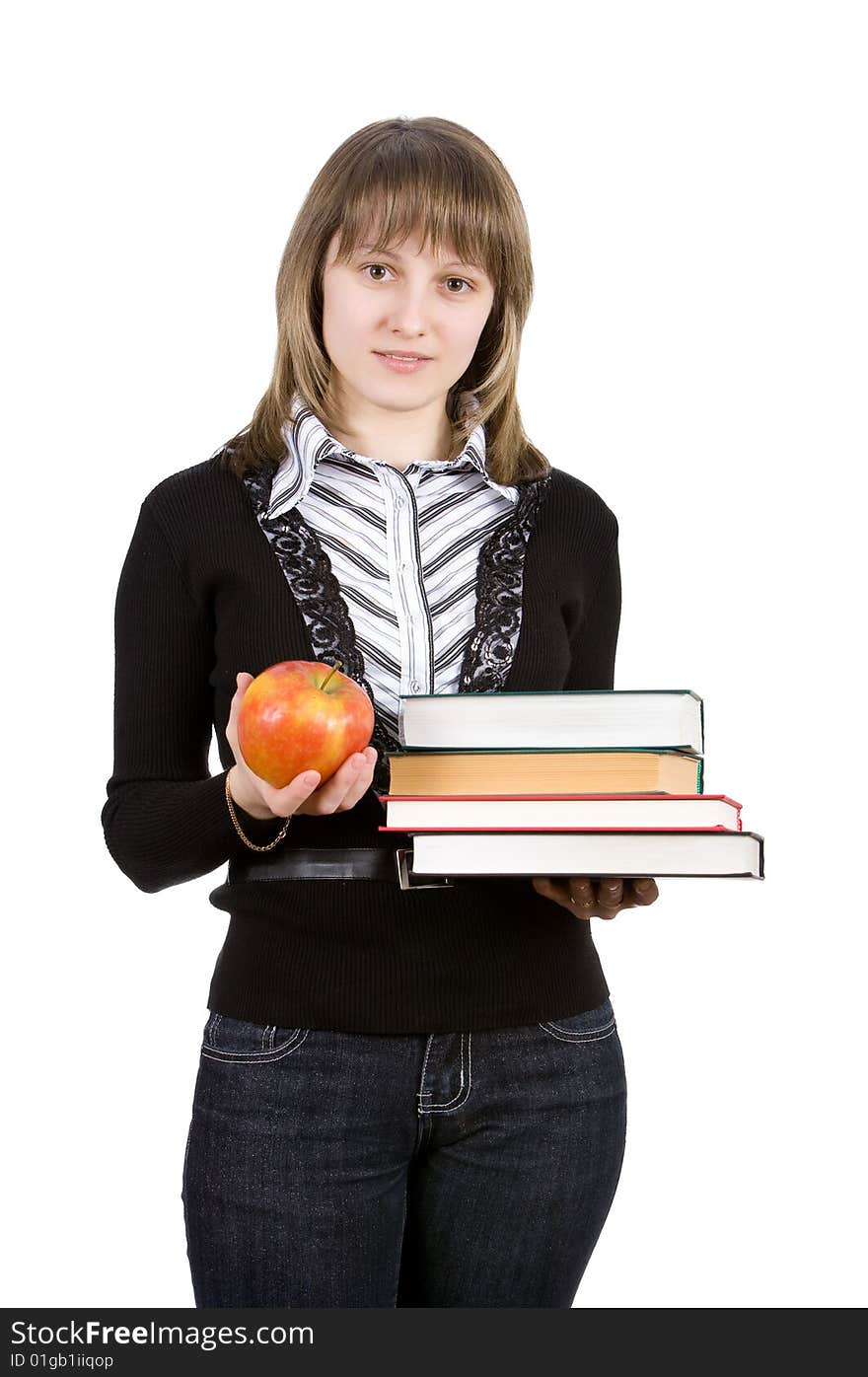 Beautiful college girl with books and apple; isolated on white. Beautiful college girl with books and apple; isolated on white