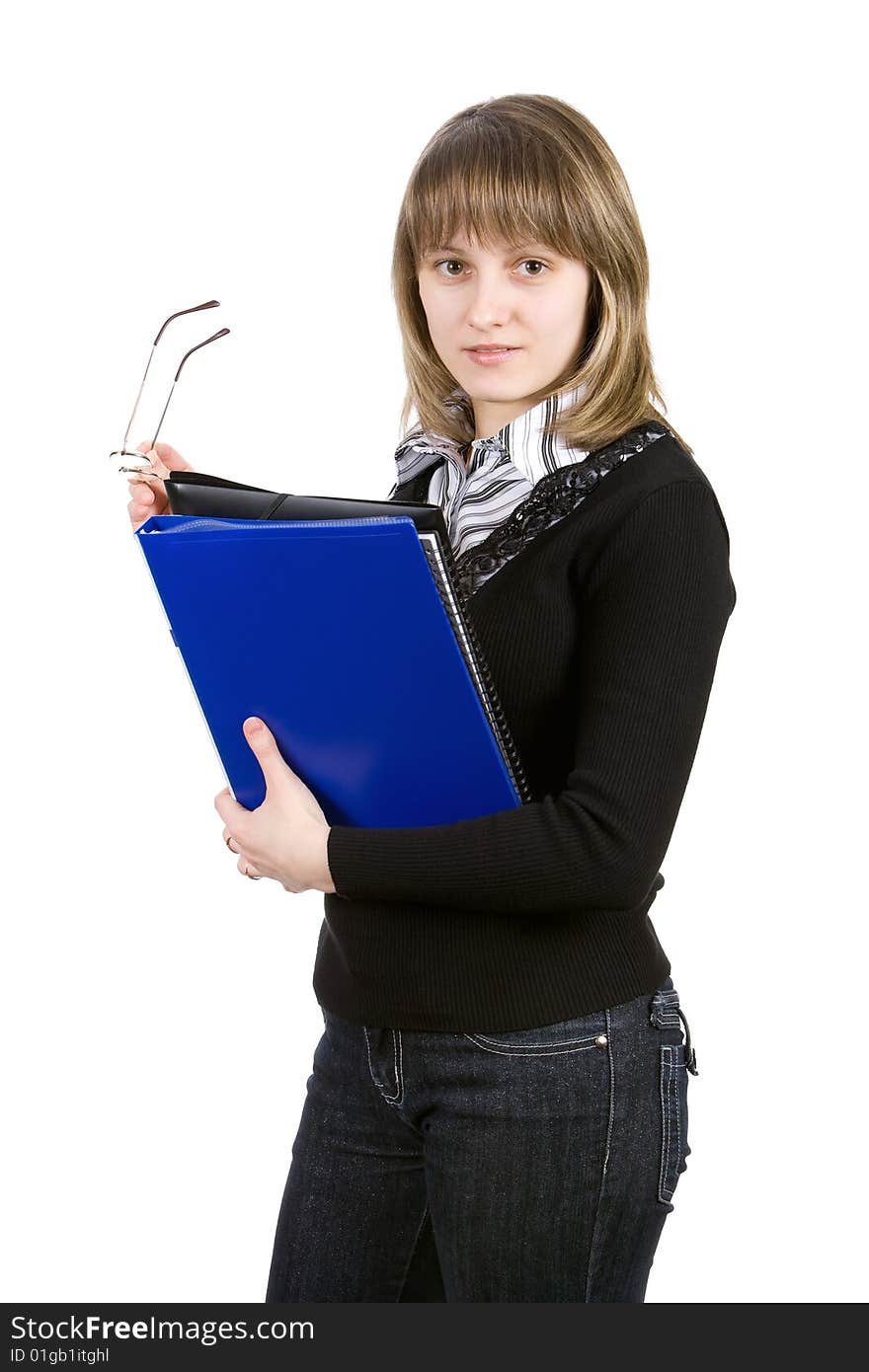 Young woman with folders. Isolated on white.