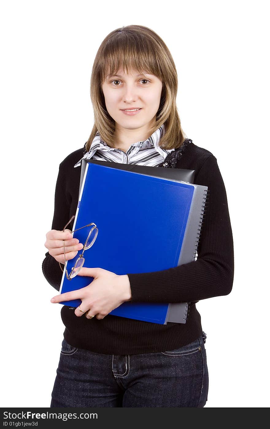 Young woman with folders. Isolated on white.