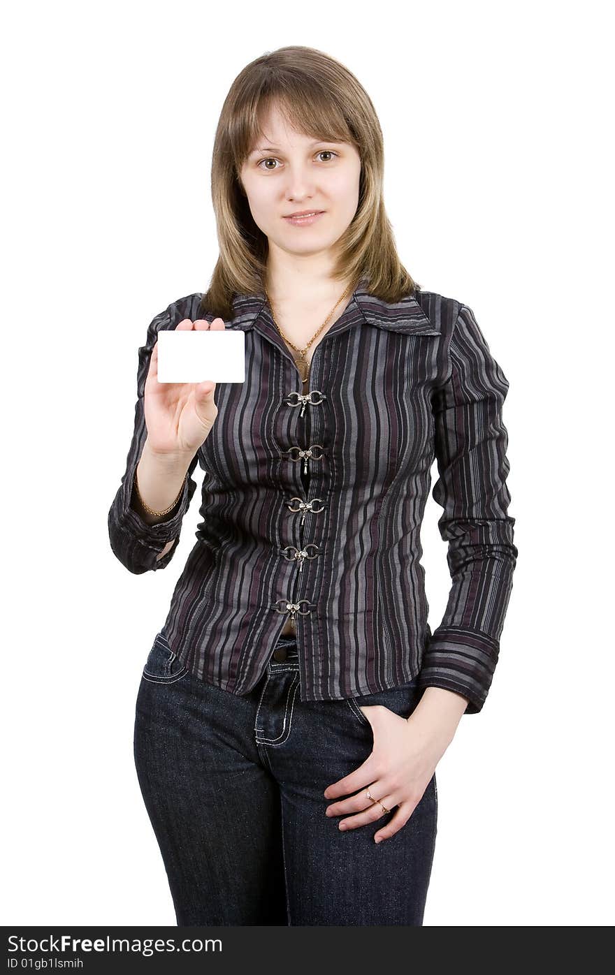 Young woman with a business card. Isolated on white