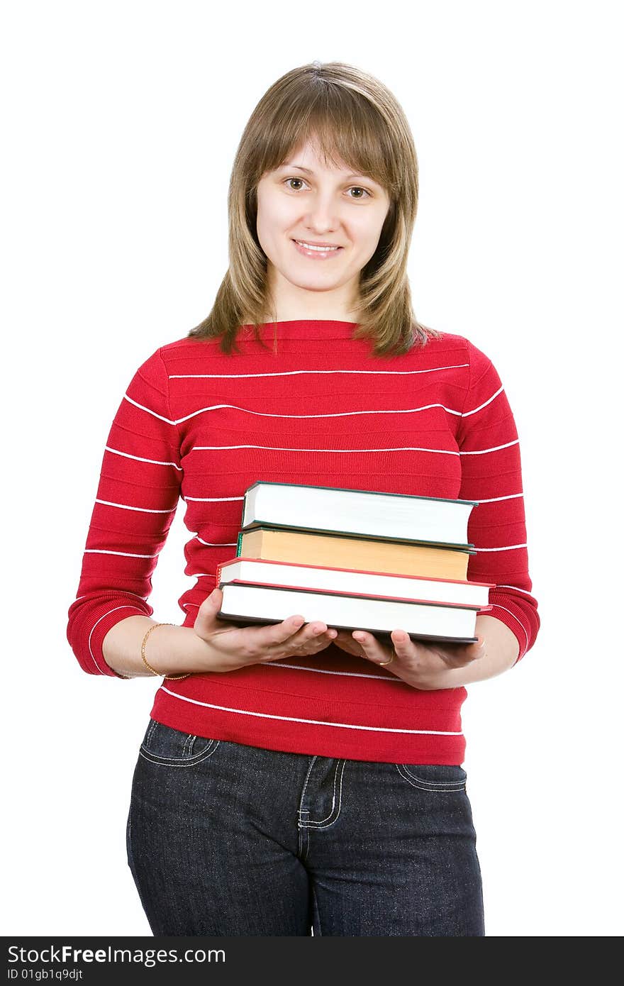 Beautiful college girl with books. Isolated on white.