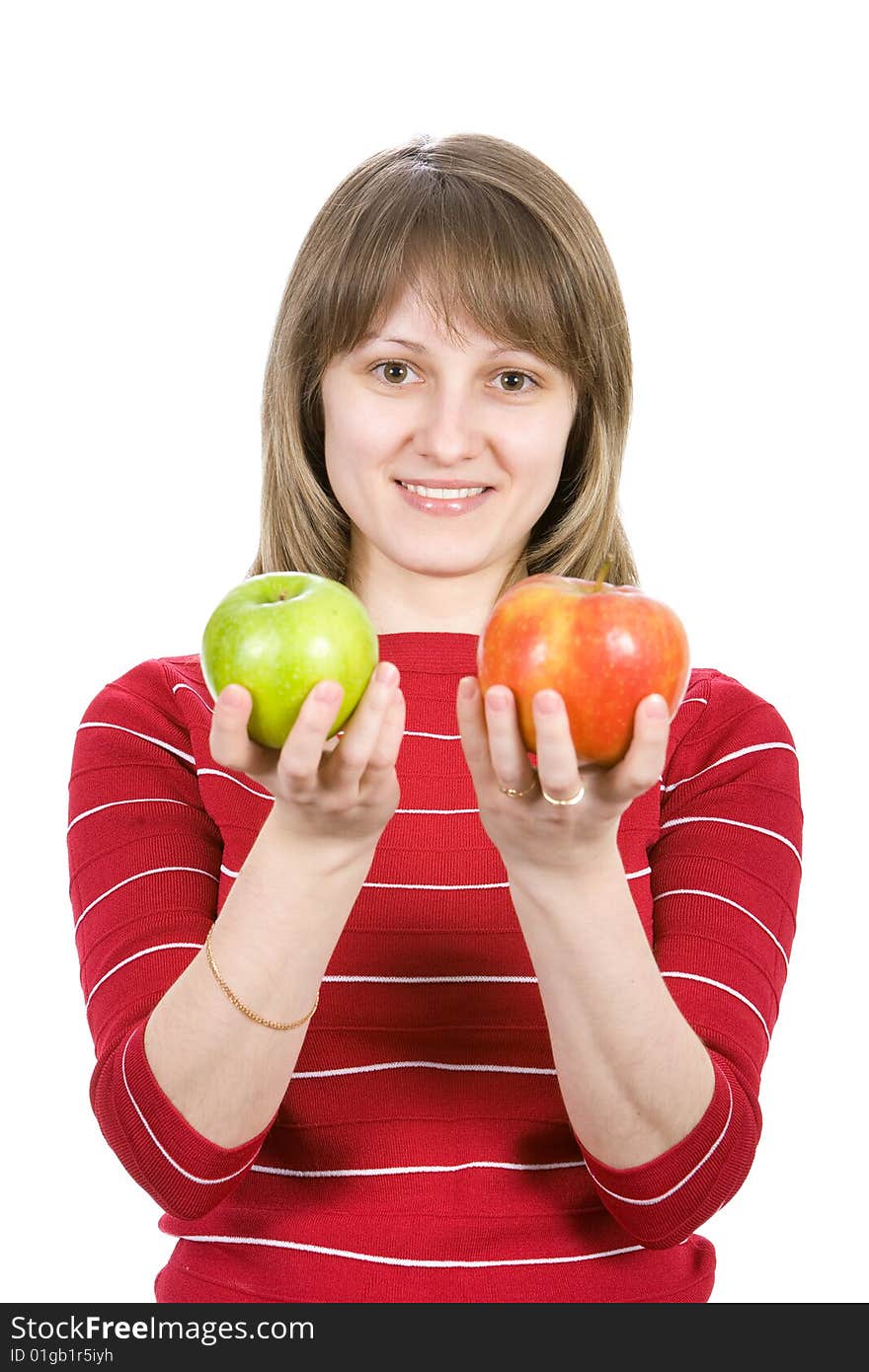 Beautiful young girl holding out apples. Isolated on white. Beautiful young girl holding out apples. Isolated on white.