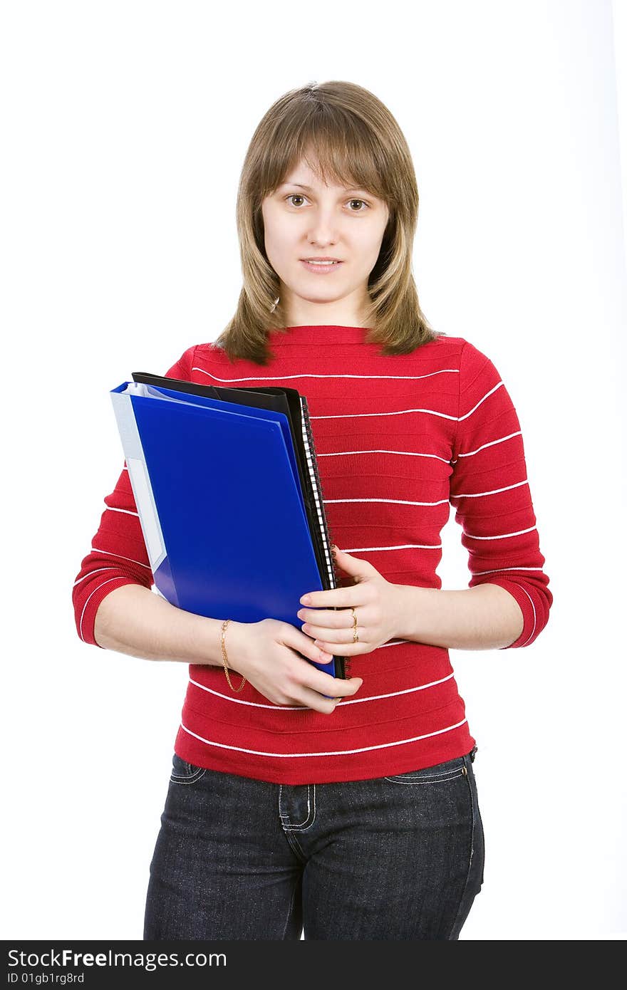 Young woman with folders. Isolated on white.