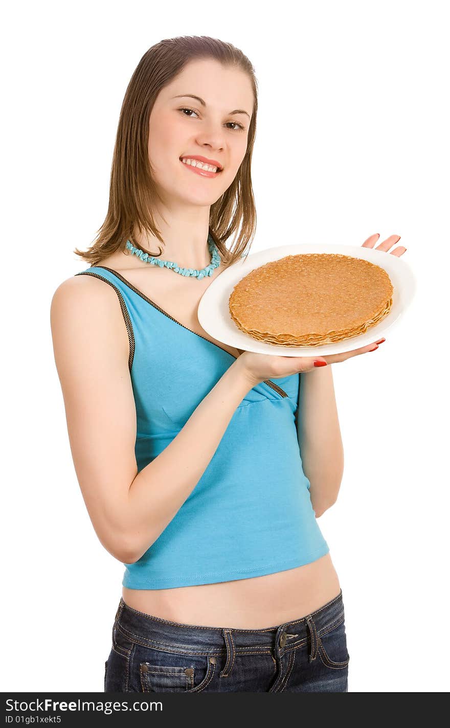 Pretty girl with pancakes. Isolted on white