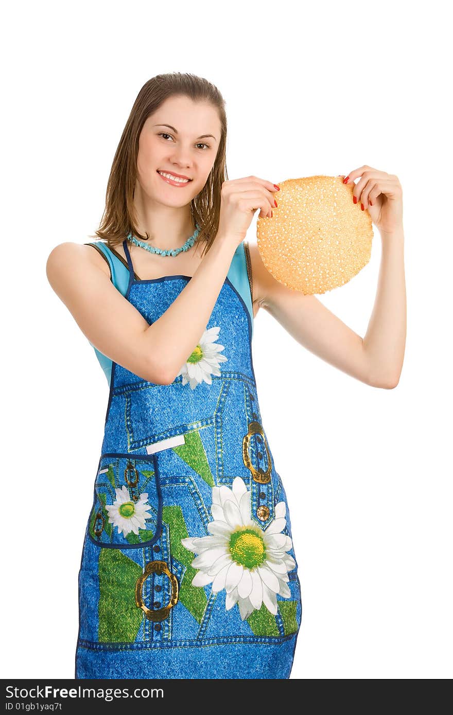 Beautiful girl with a plate of pancakes. Isolated on white.