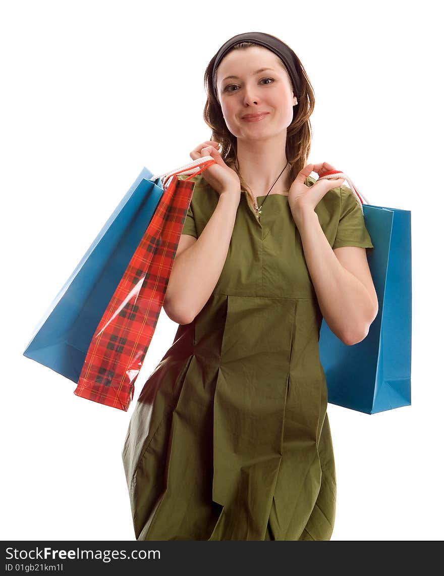 Girl With Shopping Bags. Isolated On White