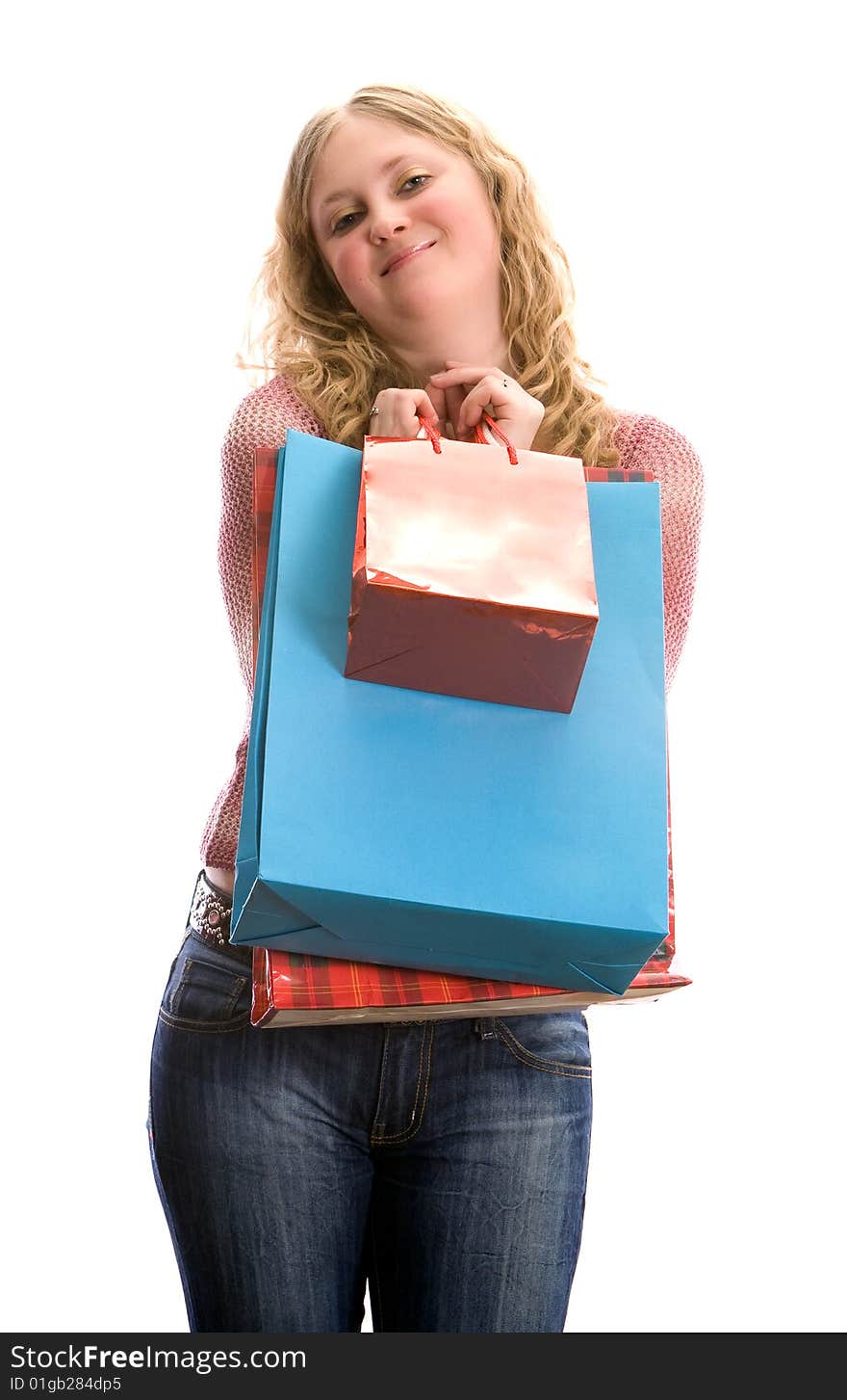 Girl With Shopping Bags. Isolated On White