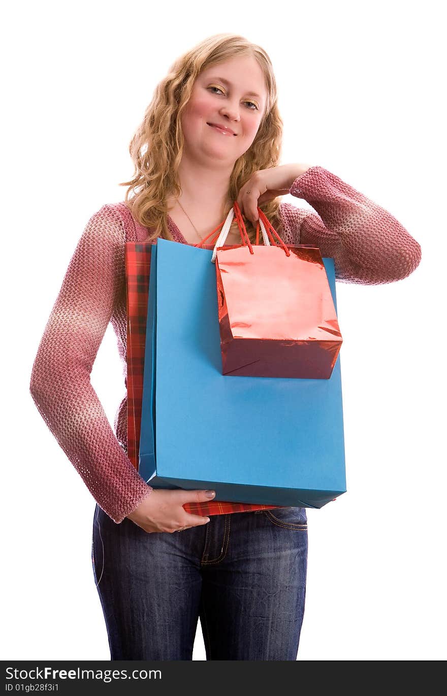 Girl with shopping bags. Isolated on white