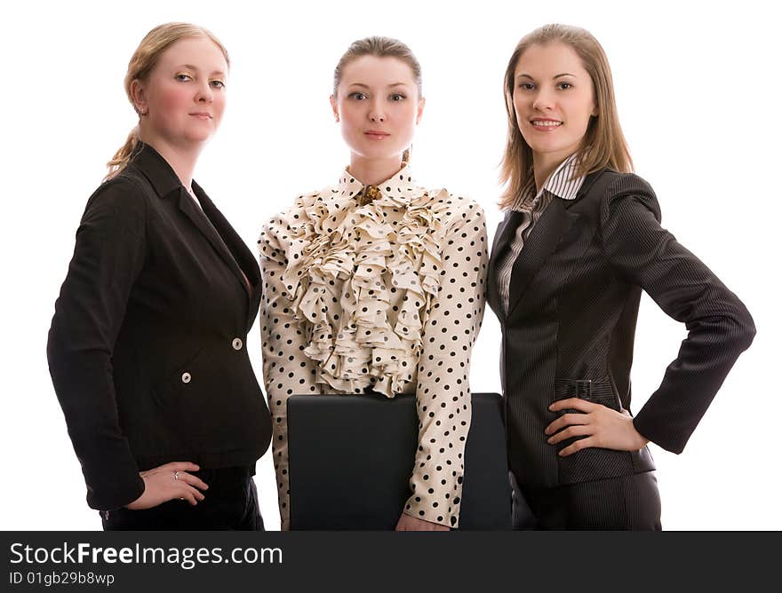 Businesswomen with a laptop. Isolated on white