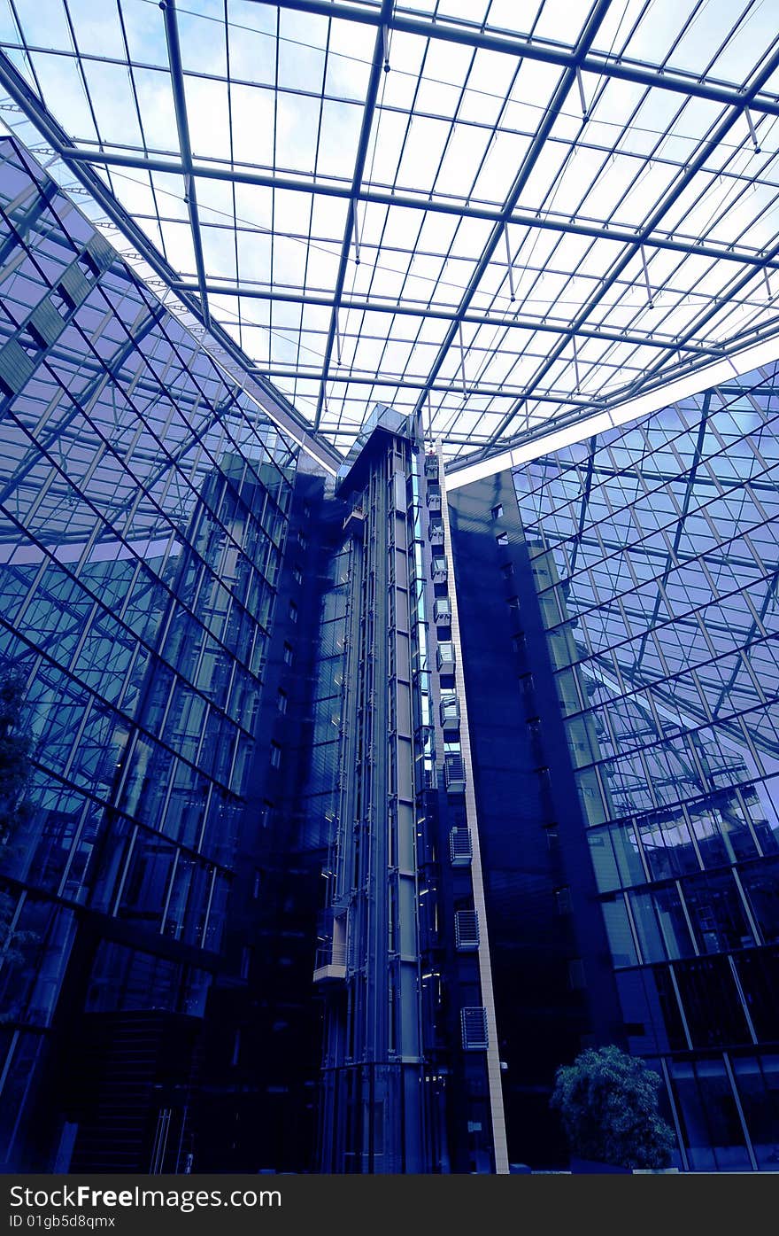 View  modern business hall  in blue color. View  modern business hall  in blue color