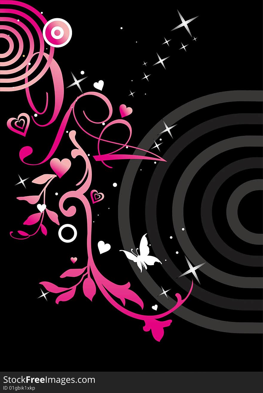 Background with concentric circles,hearts,floral ornament,sparks and butterfly.