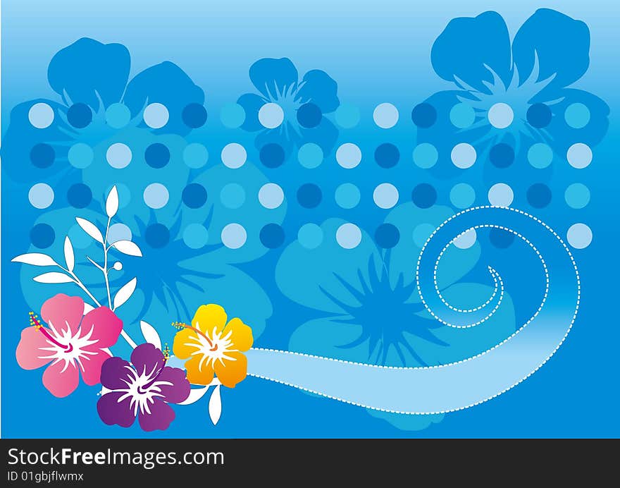 Blue background with colorful flowers.