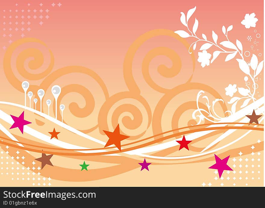 Background with colorful stars and floral ornament.