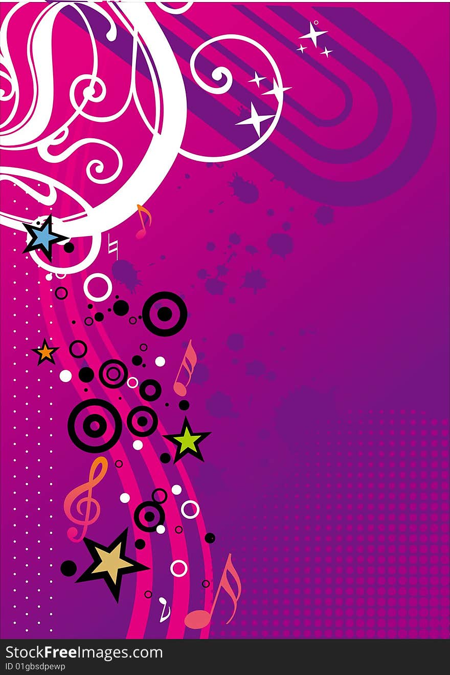 Background with musical notes,stars and circles.