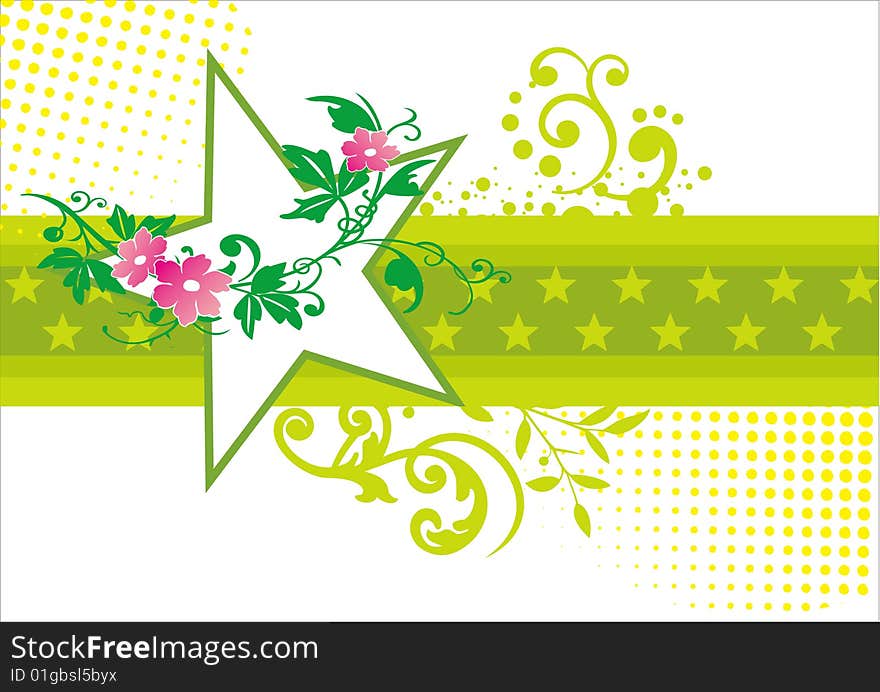 Background with floral and star illustration.