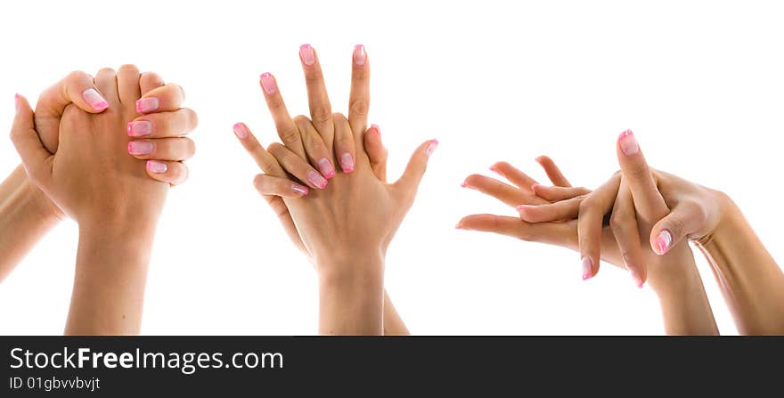 Woman hand on white background