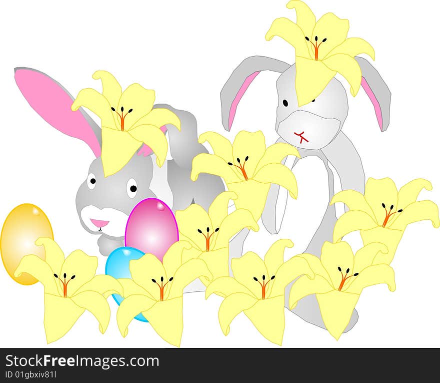 Two rabbits hiding amongst Easter lilies and eggs. Two rabbits hiding amongst Easter lilies and eggs