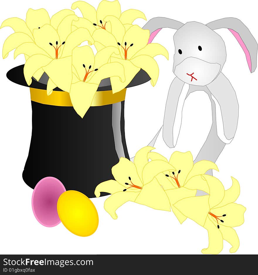 Bunny sitting beside a top hat with Easter lilies all around. Bunny sitting beside a top hat with Easter lilies all around