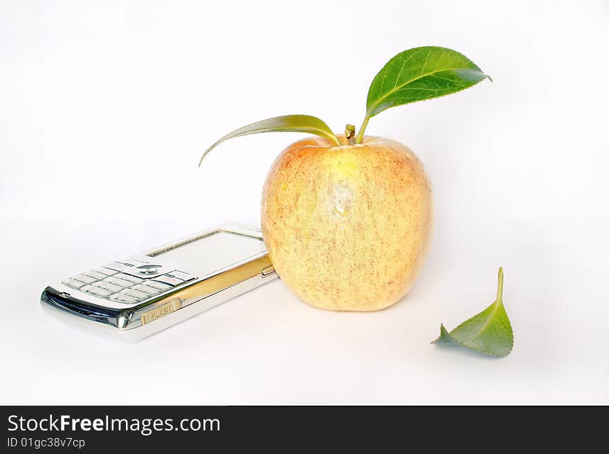 Apple and phone on the White background.