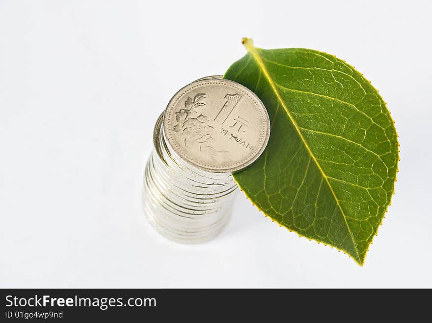 A pile of leaves and Chinese coins. A pile of leaves and Chinese coins.