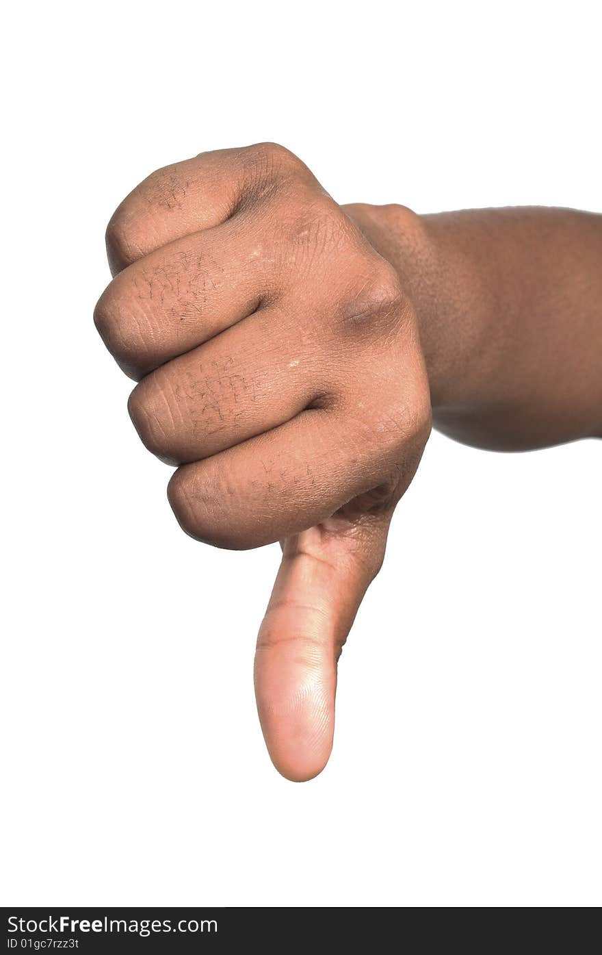 African hand show thumbs down sign on white background