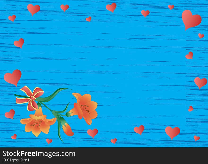 Scope with lilies, hearts and bow on a blue abstract background