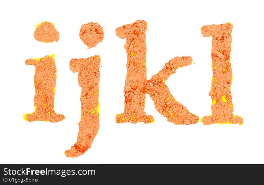 Original alphabet, the crushed orange chalk, letters ijkl