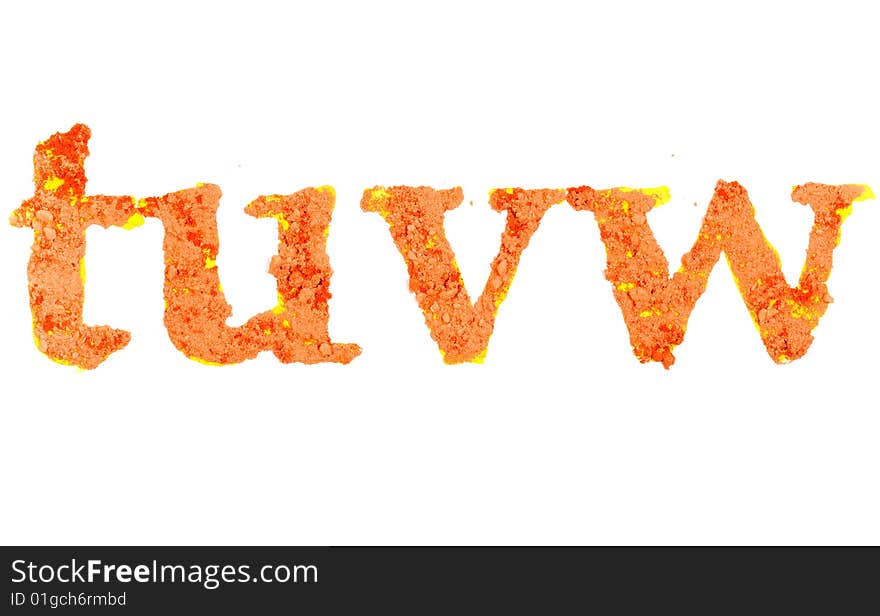 Original alphabet, the crushed orange chalk, letters tuvw