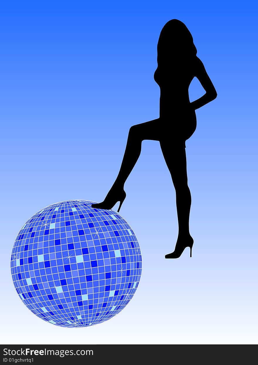 Illustration of girl and disco ball. Illustration of girl and disco ball