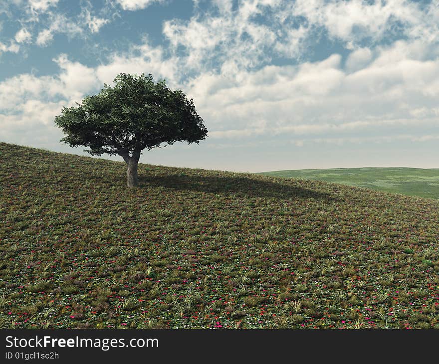 Computer generated illustration of a single tree in a flowery meadow.