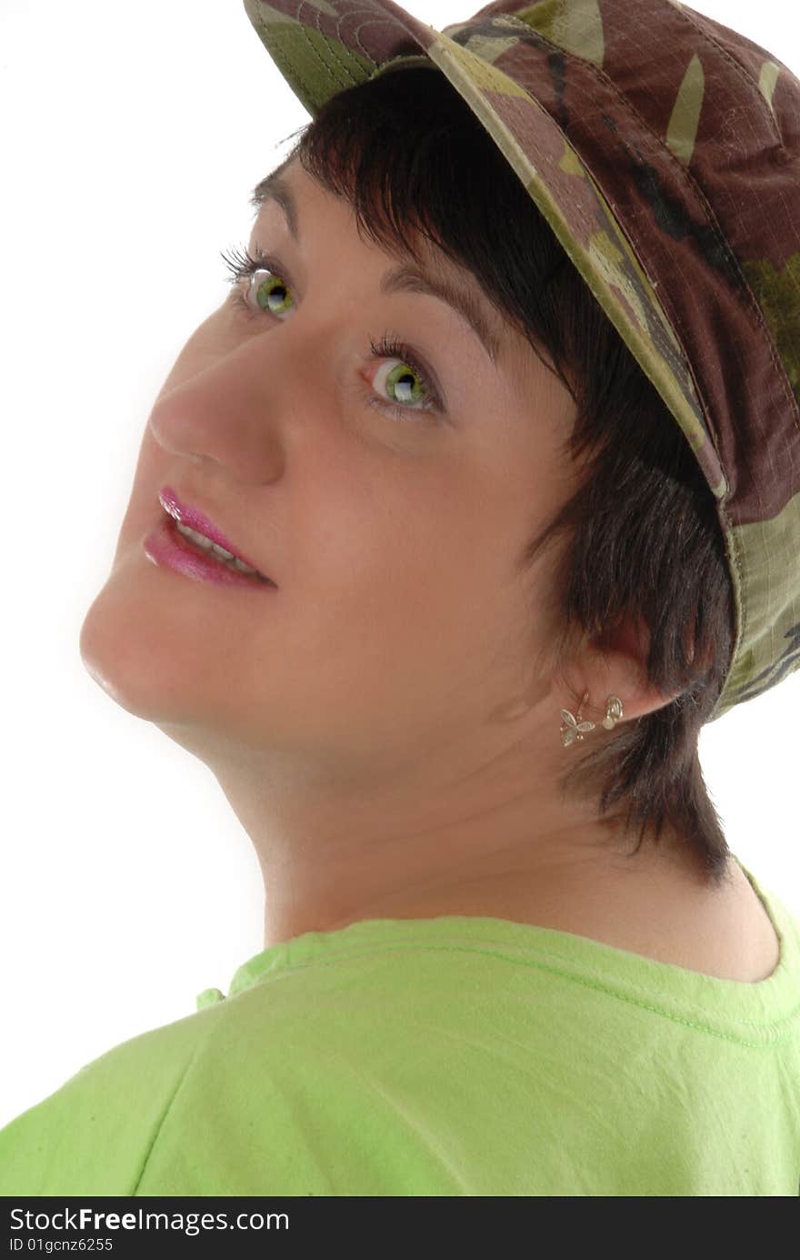 Smiling woman in green on a white background. Smiling woman in green on a white background