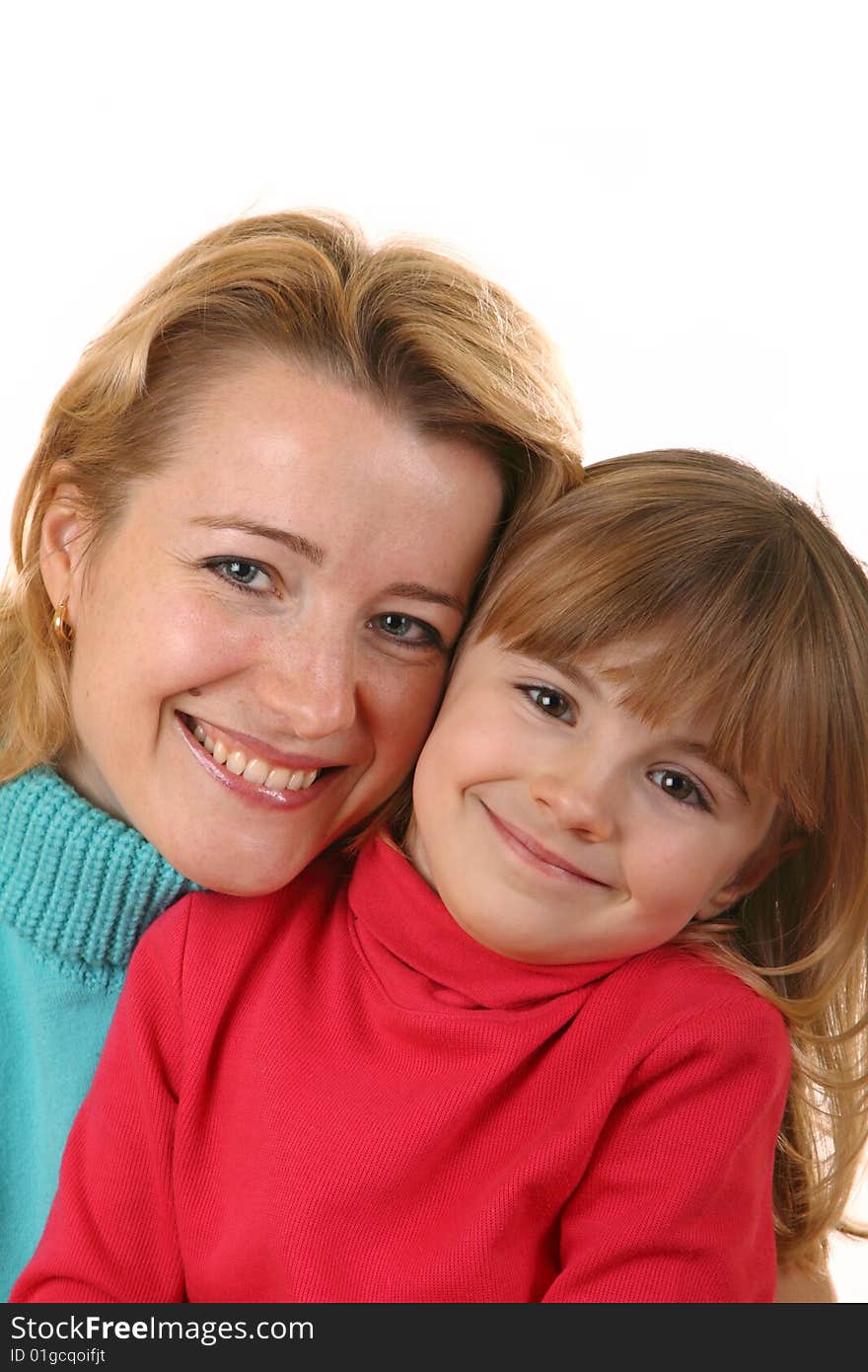 Portrait of happy mother and daughter isolated on a white background