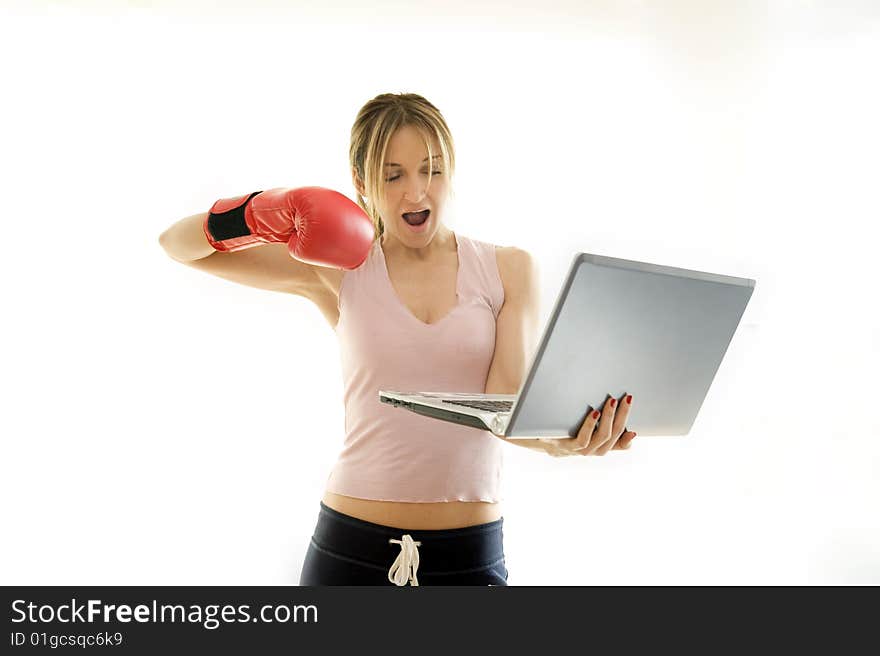 Young woman fighting work problems