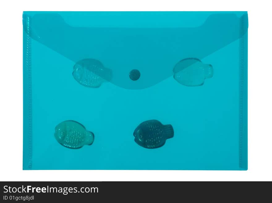 Four fishes in blue transparent envelope on white background