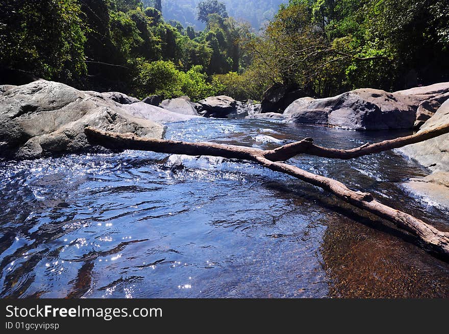 Lake And Waterfall In Mountains With Forest