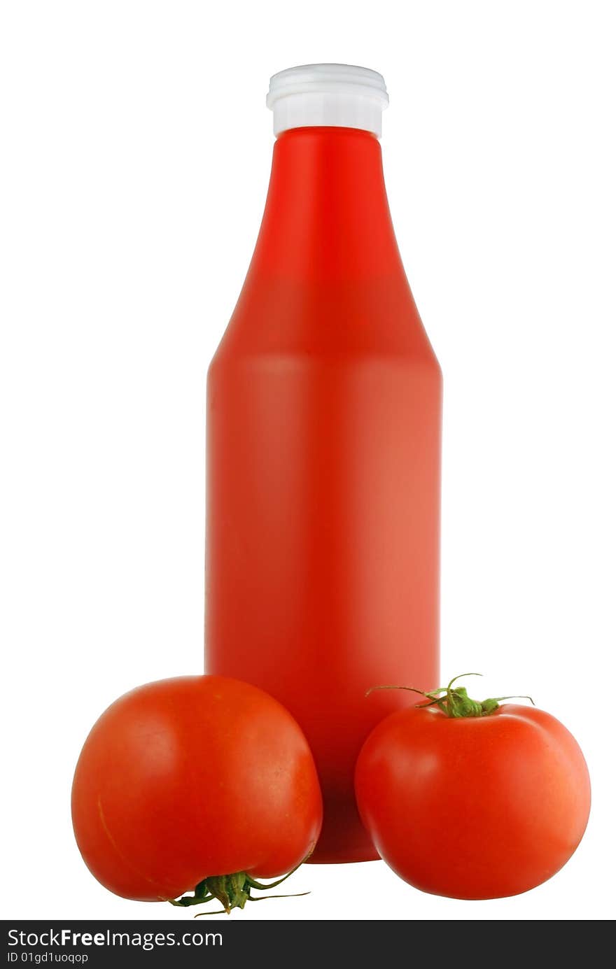 Red plastic bottle and two tomatoes