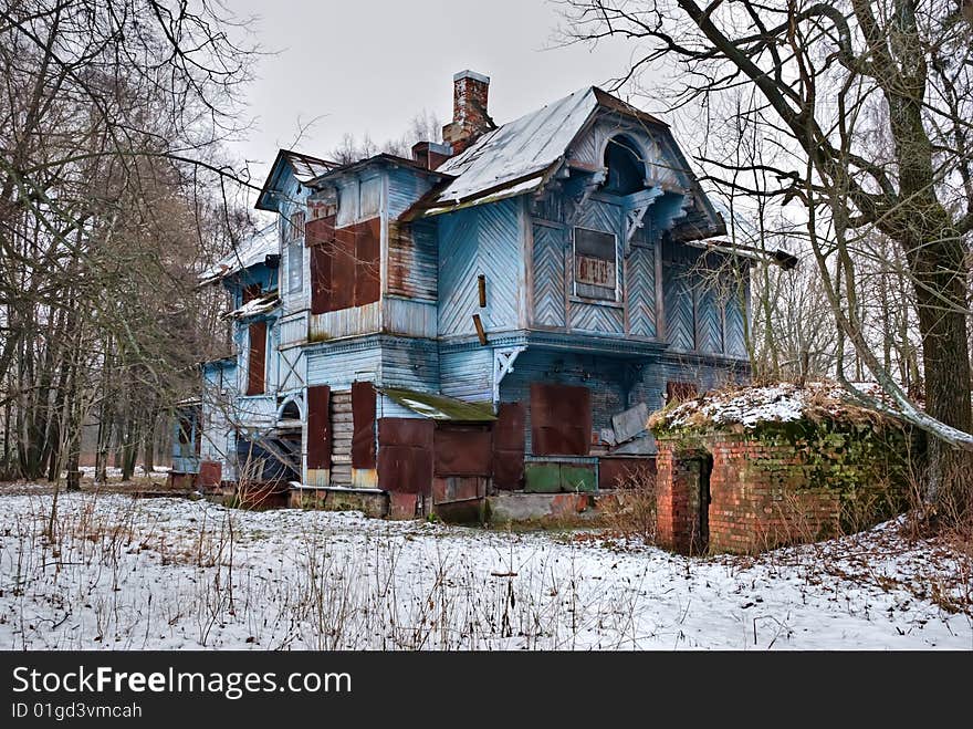 Horizontal photo of the thrown ancient wooden house. HDR. Horizontal photo of the thrown ancient wooden house. HDR