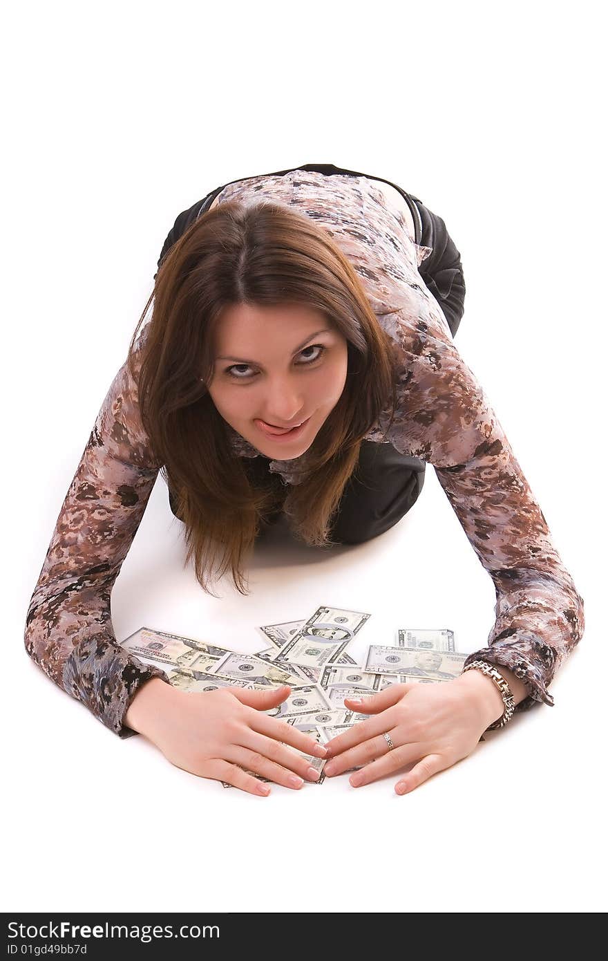 Cheerful young lady holding cash and smiling. Cheerful young lady holding cash and smiling