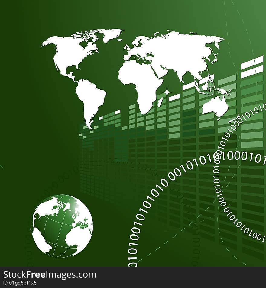 Abstract background with binary code and map of the world