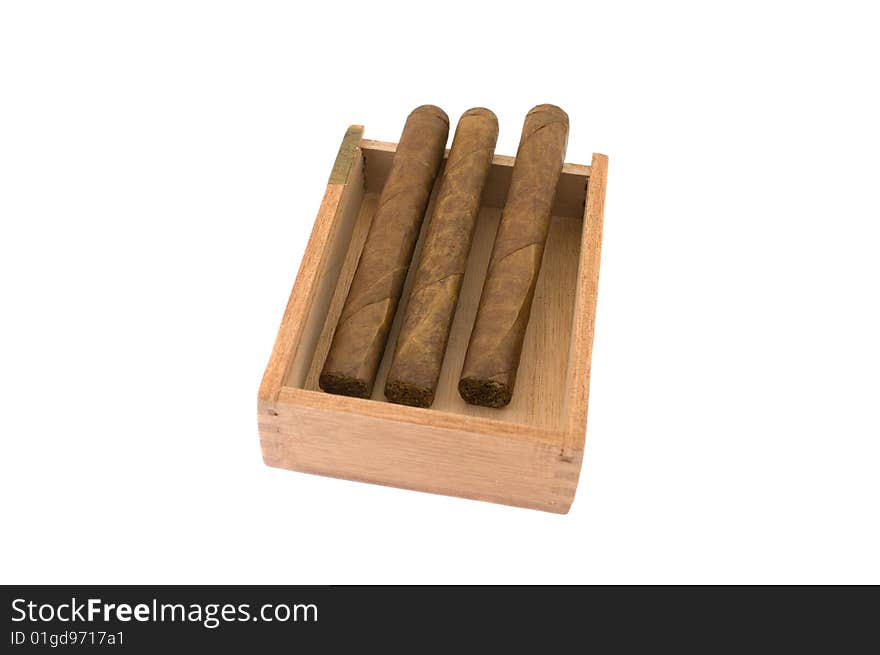 Threein cigars in box isolated on white