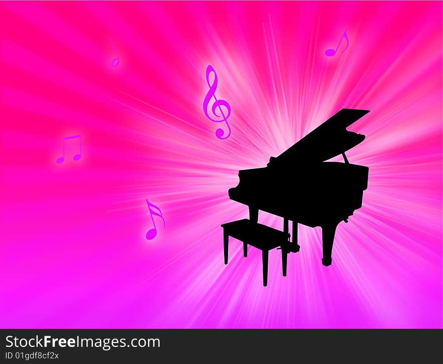 Piano instrument on a colorful background with notes in the air. Piano instrument on a colorful background with notes in the air