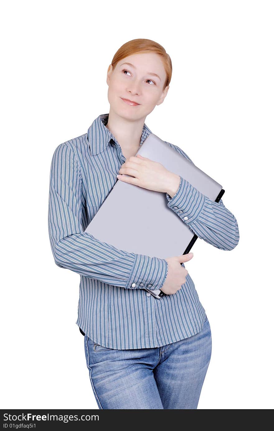 Young business woman with the laptop isolated on a white background