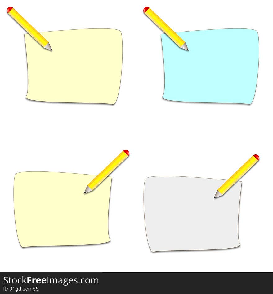 Pencil and paper sheet icons or clip arts, soft colors. Pencil and paper sheet icons or clip arts, soft colors