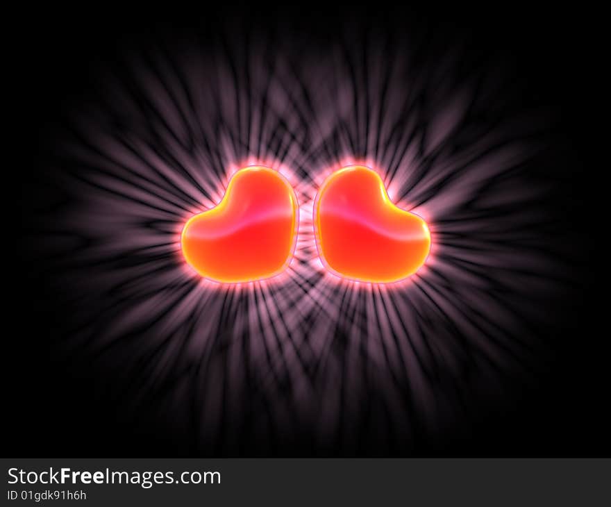 3D generated image of two hearts on black background. 3D generated image of two hearts on black background.