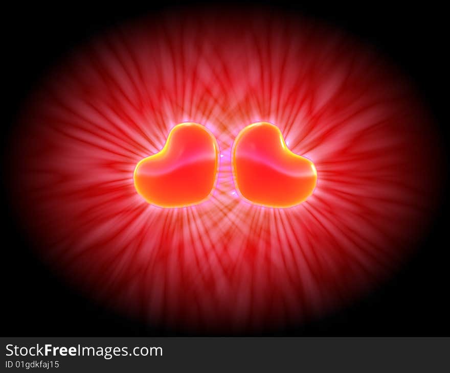 3D generated image of two hearts on black background. 3D generated image of two hearts on black background.