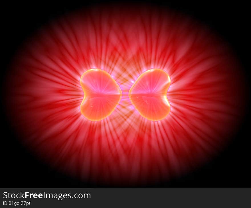 3D generated image of two hearts on black background. 3D generated image of two hearts on black background.