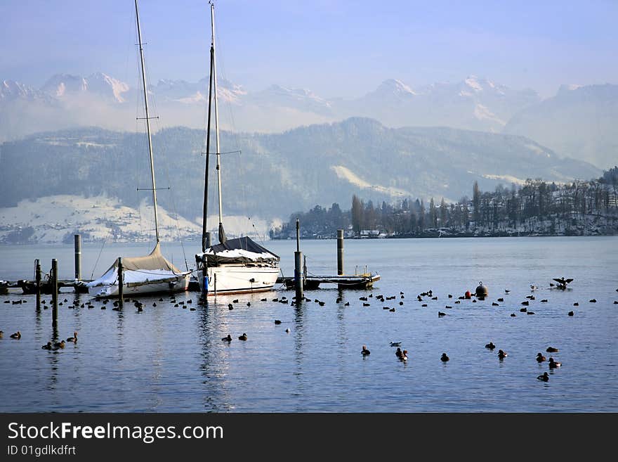 Lake Lucerne in winter evening. Switzerland. Lake Lucerne in winter evening. Switzerland