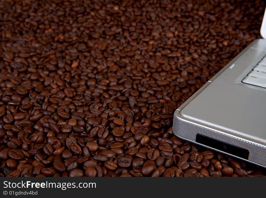 Silver laptop on coffee beans